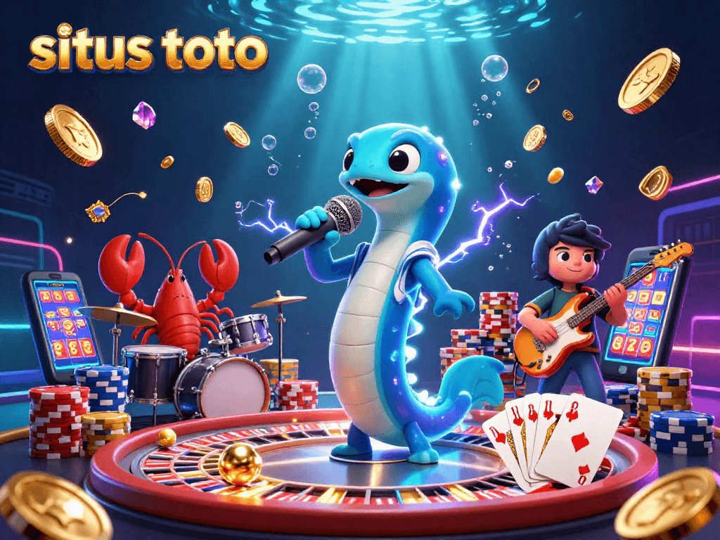 Menggambarkan situs toto, ikan belut DJ dengan pemandangan kasino bawah laut yang mewah dan koin emas.