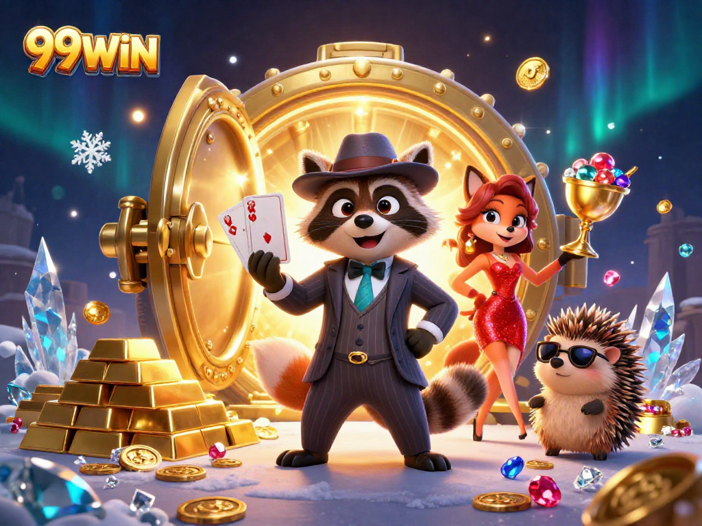 Play in a dynamic 99WIN casino scene with characters enjoying big wins amidst golden treasures.
