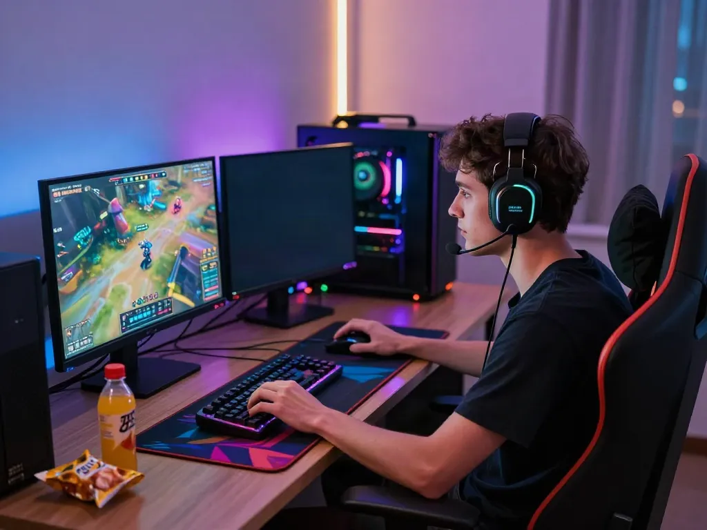Immersive bro138 online gaming setup featuring a focused player, vibrant RGB lighting, and modern equipment.
