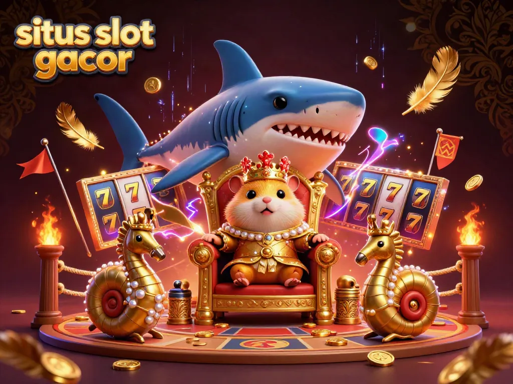 Experience the excitement of situs slot gacor with a vibrant scene of a golden hamster king and royal guards in a casino setting.