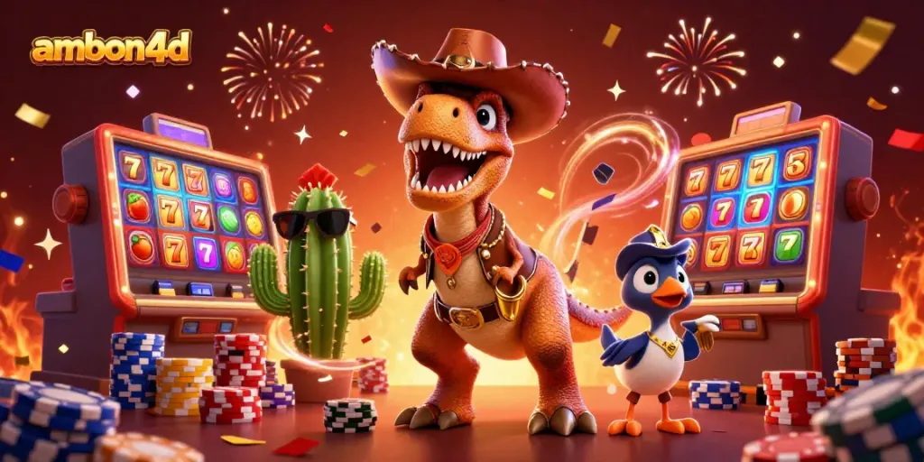 Witness the excitement at ambon4d with a colorful 3D illustration of a cowboy dinosaur, vibrant slot reels, and engaging casino elements.