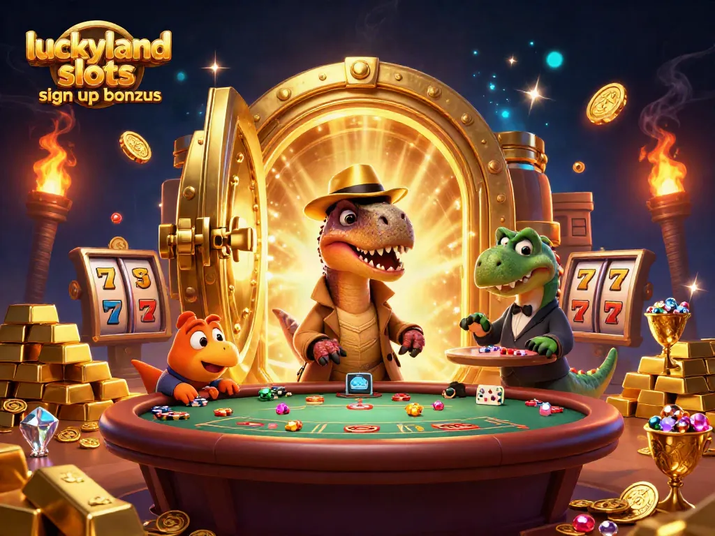 Experience the excitement of the luckyland slots sign up bonus with playful dinosaurs in a vibrant casino scene.
