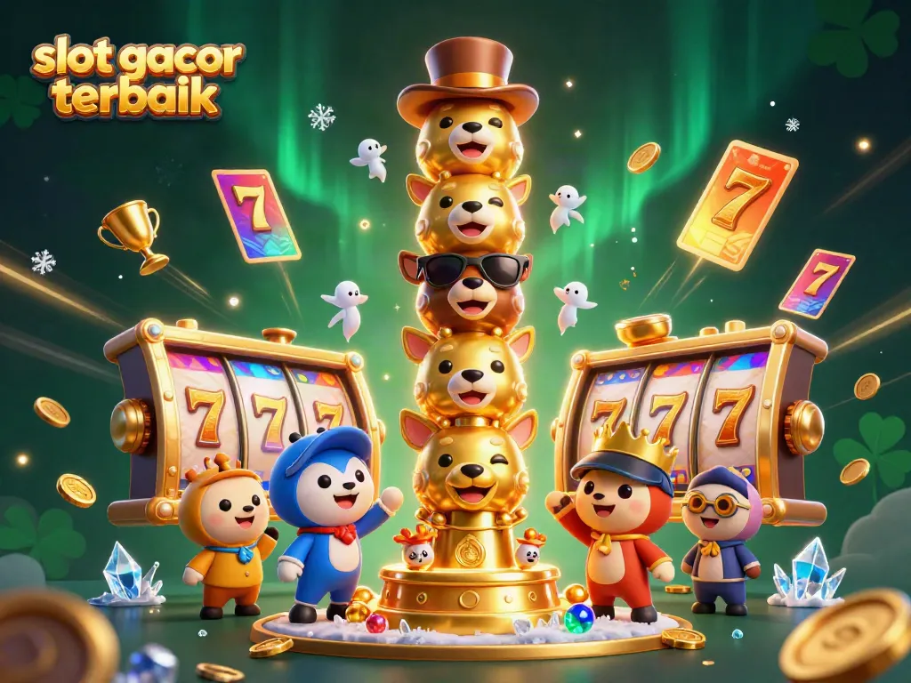 Slot gacor terbaik menggambarkan keseruan permainan slot dengan totem menarik dan elemen kasino lainnya.