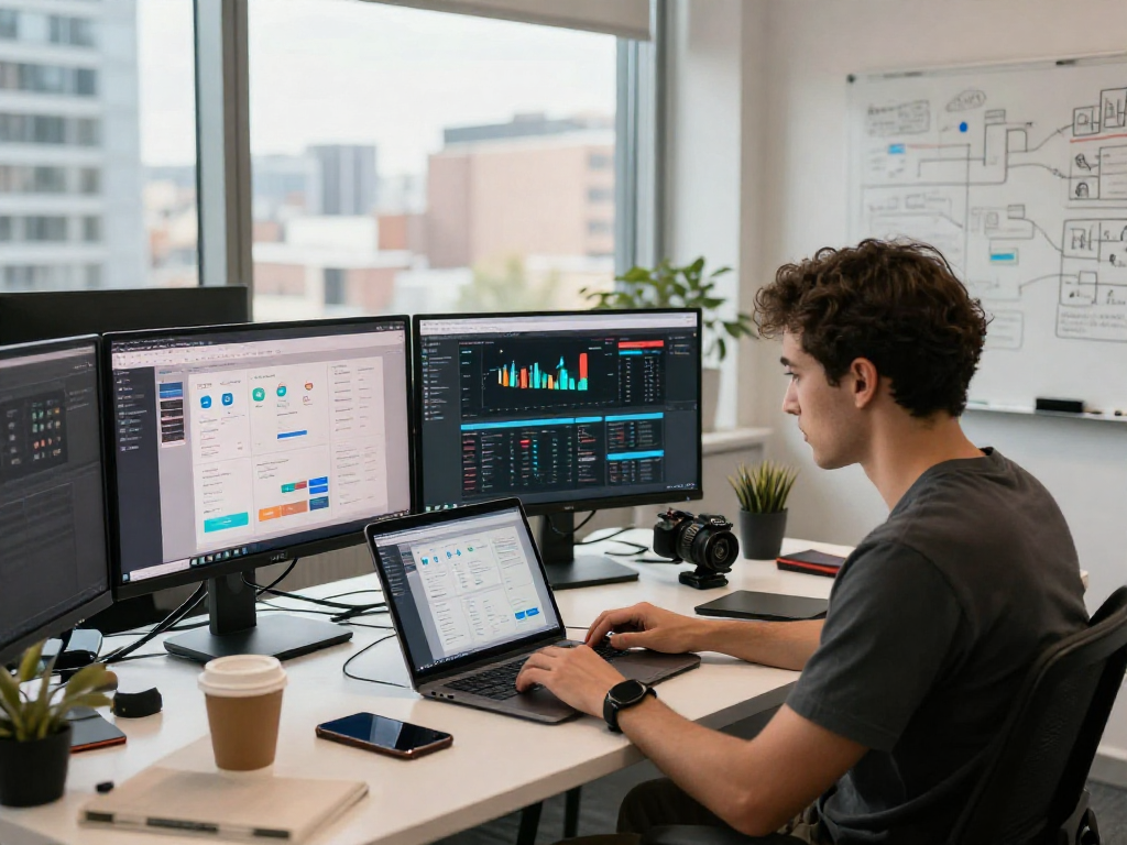 Buy app installs in a modern office with developers analyzing app data