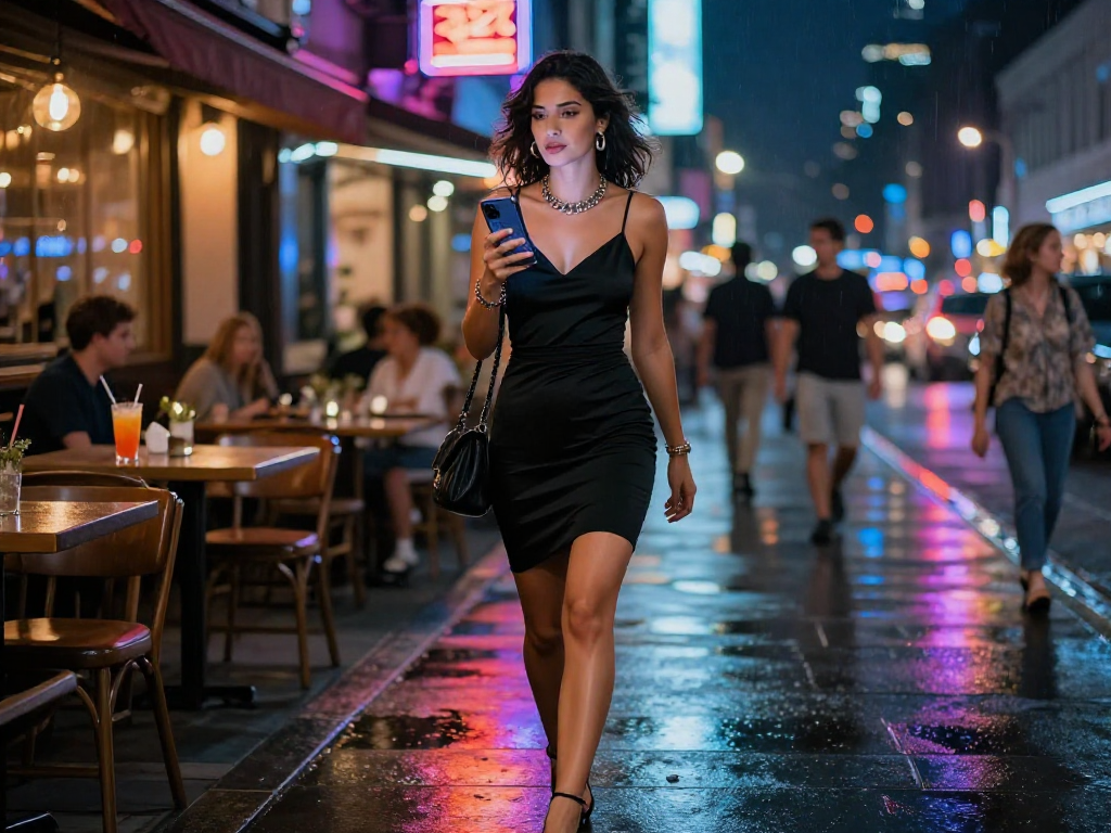 Gái gọi ngoài phố đêm, phong cách thời trang nổi bật trong ánh đèn neon.