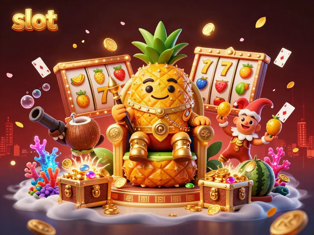 Experience thrilling slot gameplay with a golden pineapple king and enchanting characters in a vibrant casino.
