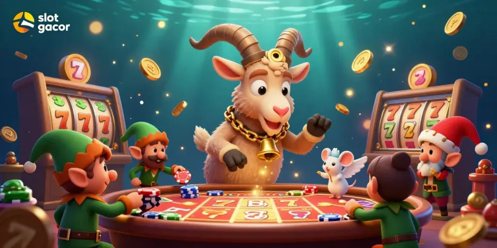 Engaging scene of slot gacor featuring a lively Krampus goat in a casino, with elf gremlins stealing chips.
