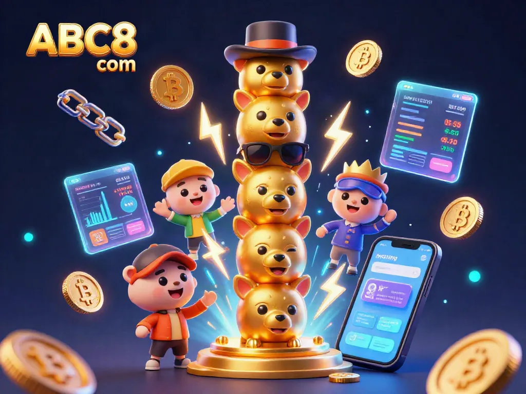 Experience thrilling moments at ABC8 com with dynamic casino-themed 3D illustration featuring a gold totem and crypto elements.