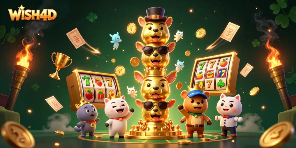 Engage with WISH4D's vibrant gaming scene featuring a golden totem pole and dynamic slot elements.