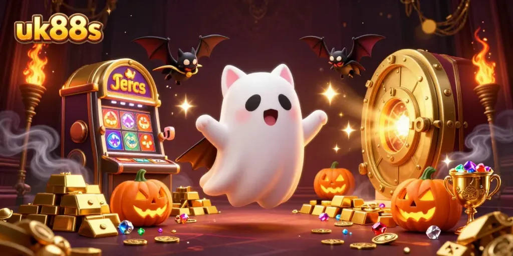 Experience the vibrant excitement at uk88s as a ghost cat haunts the casino with treasures.