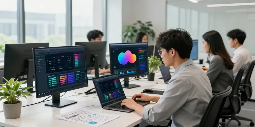 AI copywriting for SEO specialists in a vibrant office workspace with collaborative elements.