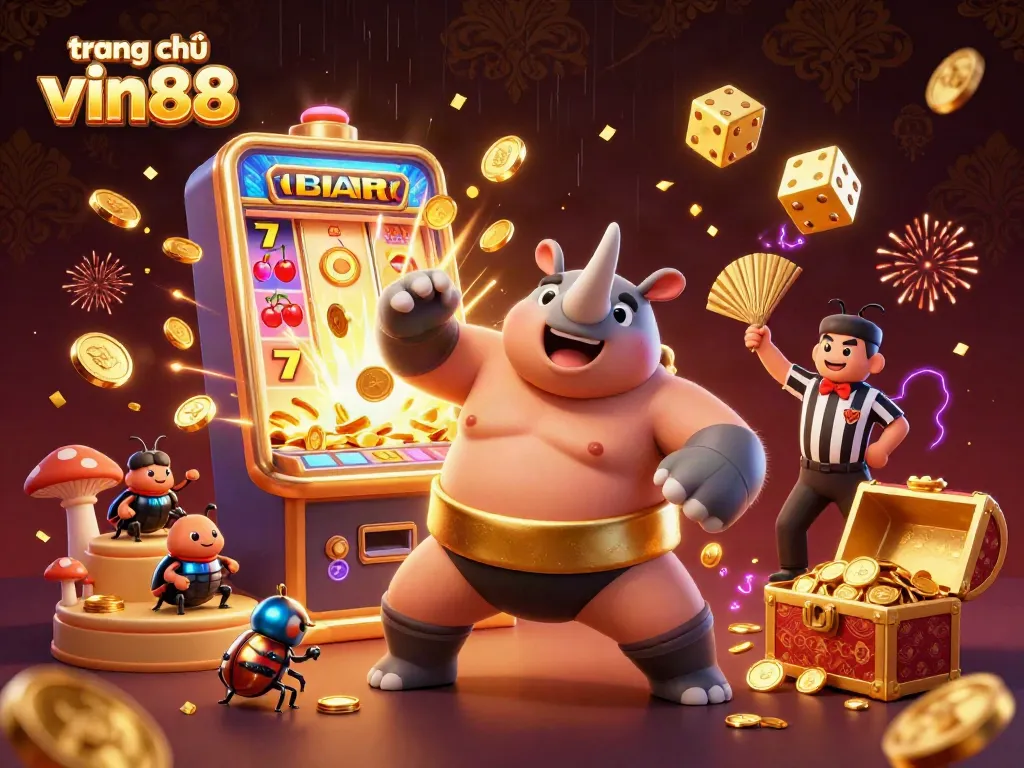 Experience thrilling action at trang chủ vin88 with a dynamic illustration of a sumo champion and jackpot burst.