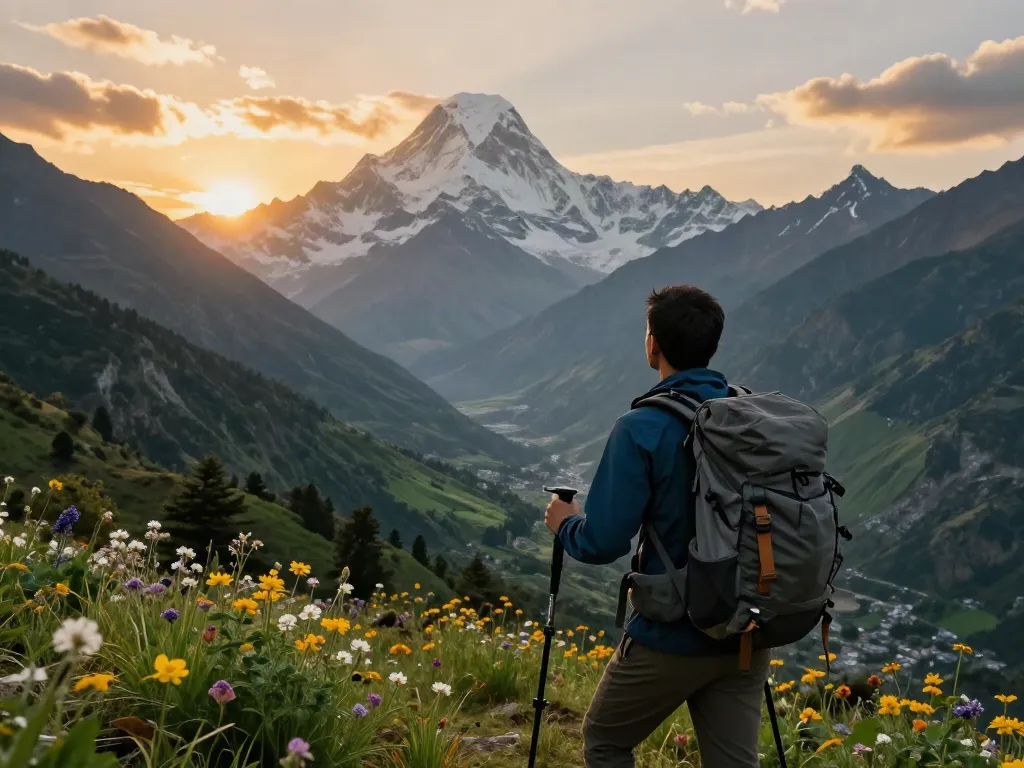 Manaslu Circuit Trek traveler enjoying sunset views over majestic peaks and valleys.