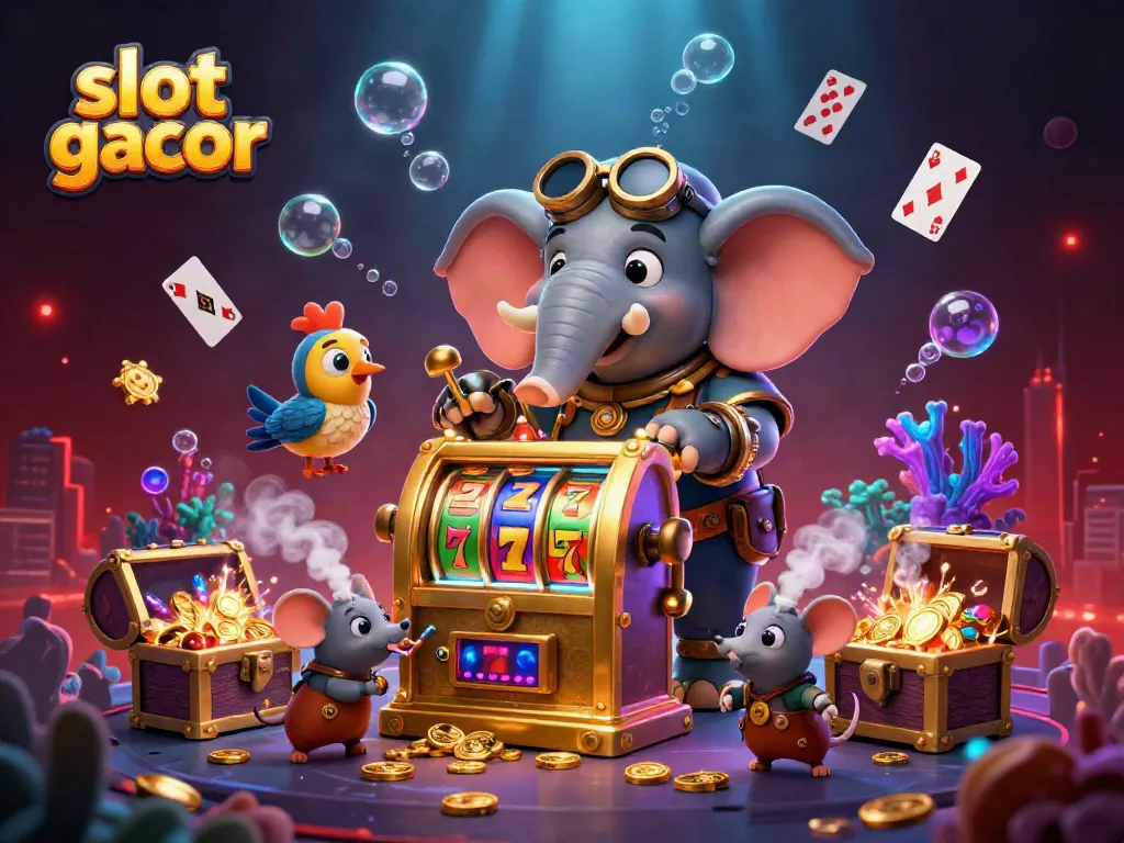 Slot gacor: Gambar ilustrasi 3D menampilkan gajah steampunk bermain mesin slot dengan elemen permainan menarik dan barang harta karun.