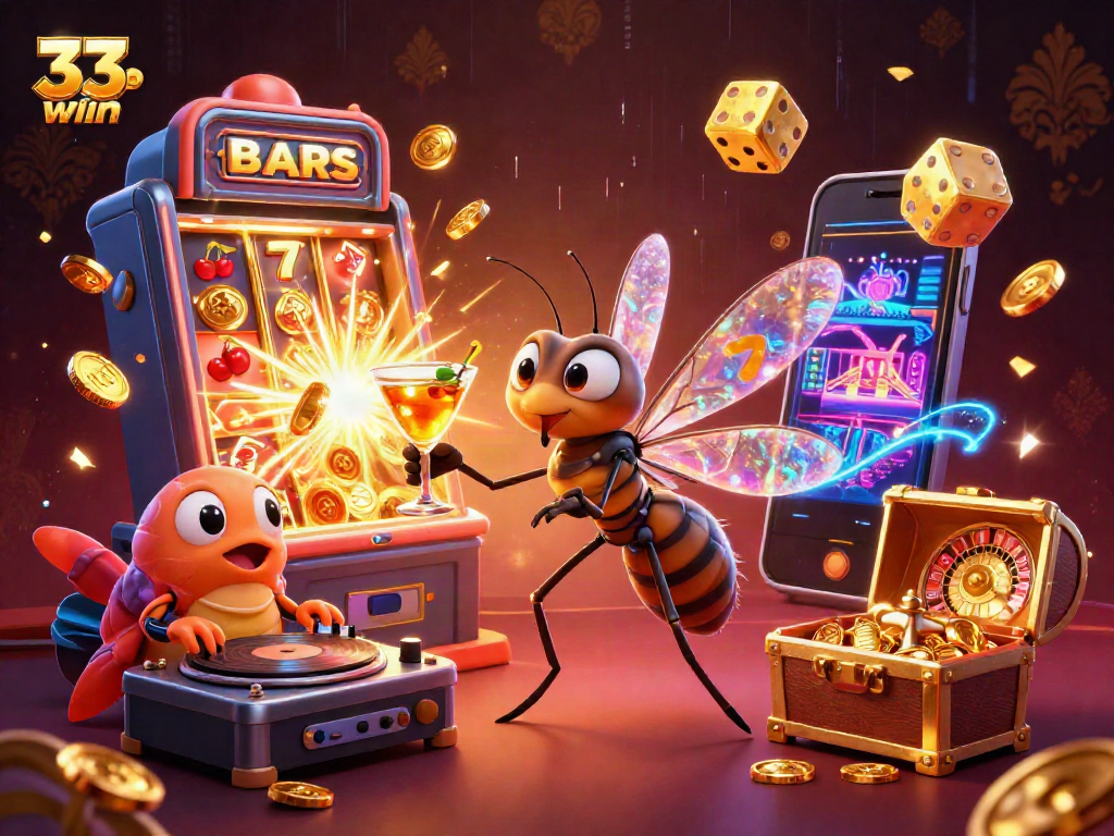 33win showcases a vibrant casino scene with a frozen mosquito mascot and trilobite DJ, bursting with excitement.