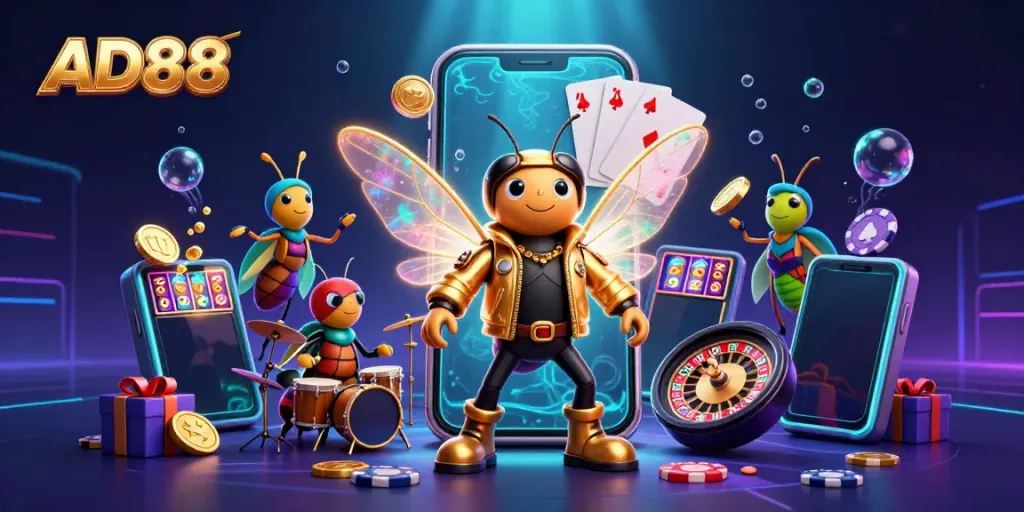 Experience AD88's vibrant gaming scene with a cartoon rock star and dynamic casino elements.