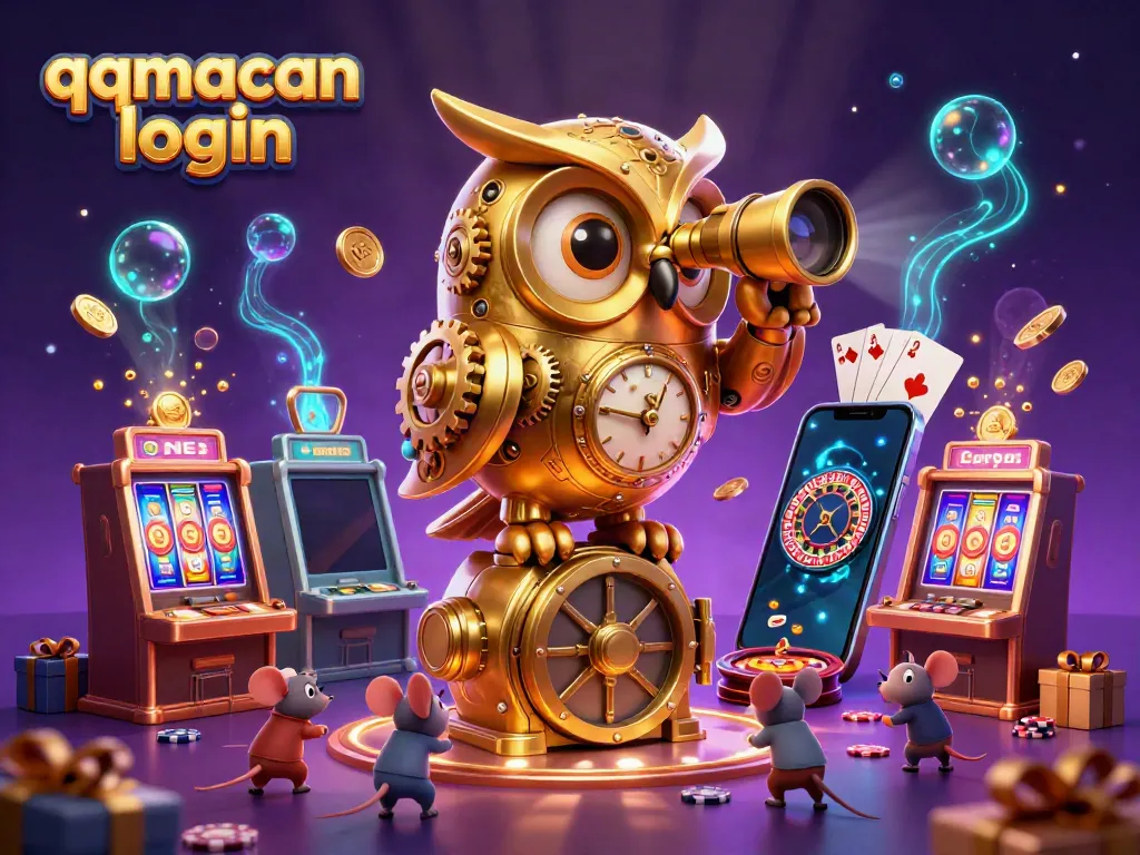 Experience the excitement of gaming with qqmacan login illustrated by a golden owl scanning a vibrant casino floor.