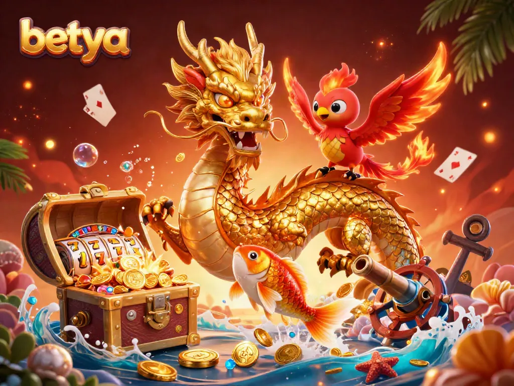 Experience the thrill at betya with a dynamic 3D casino illustration featuring a golden dragon and exciting game elements.