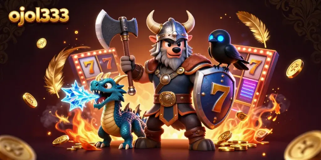 Experience the action of ojol333 with an epic Viking wolf warrior, dragon, and neon-lit casino elements.