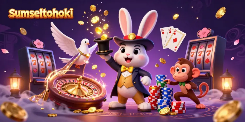 Experience the magic of sumseltotohoki with a 3D cartoon scene featuring coins, cards, and thrilling casino elements.