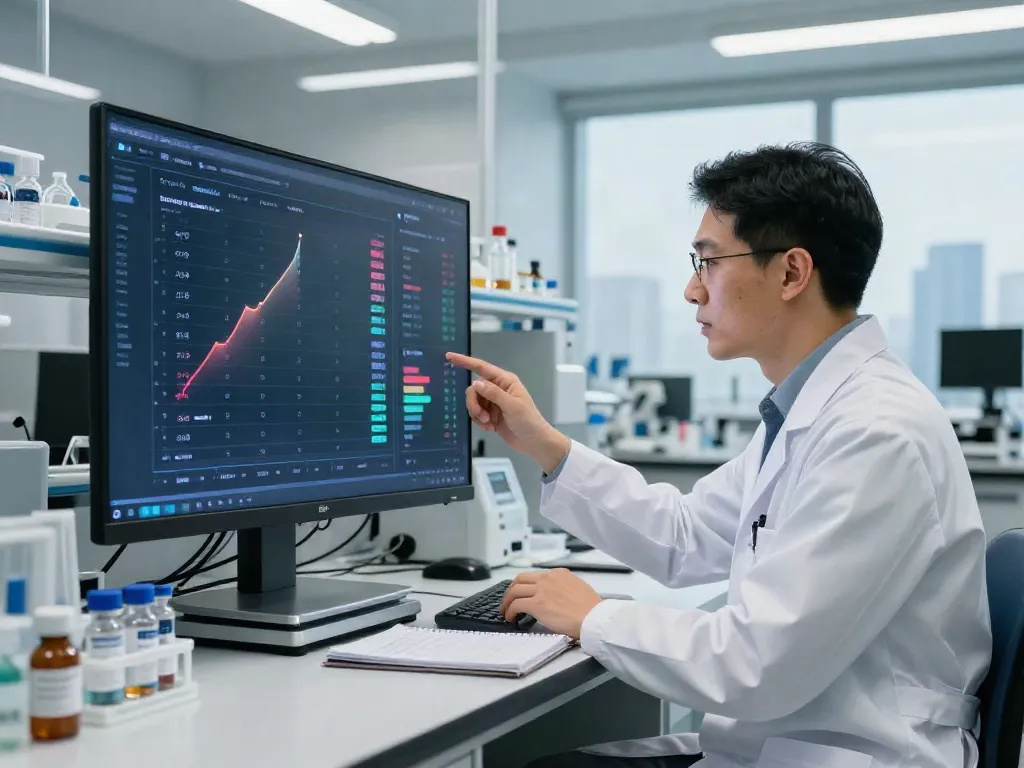 Researcher comparing peptide price com on touchscreen in modern lab.