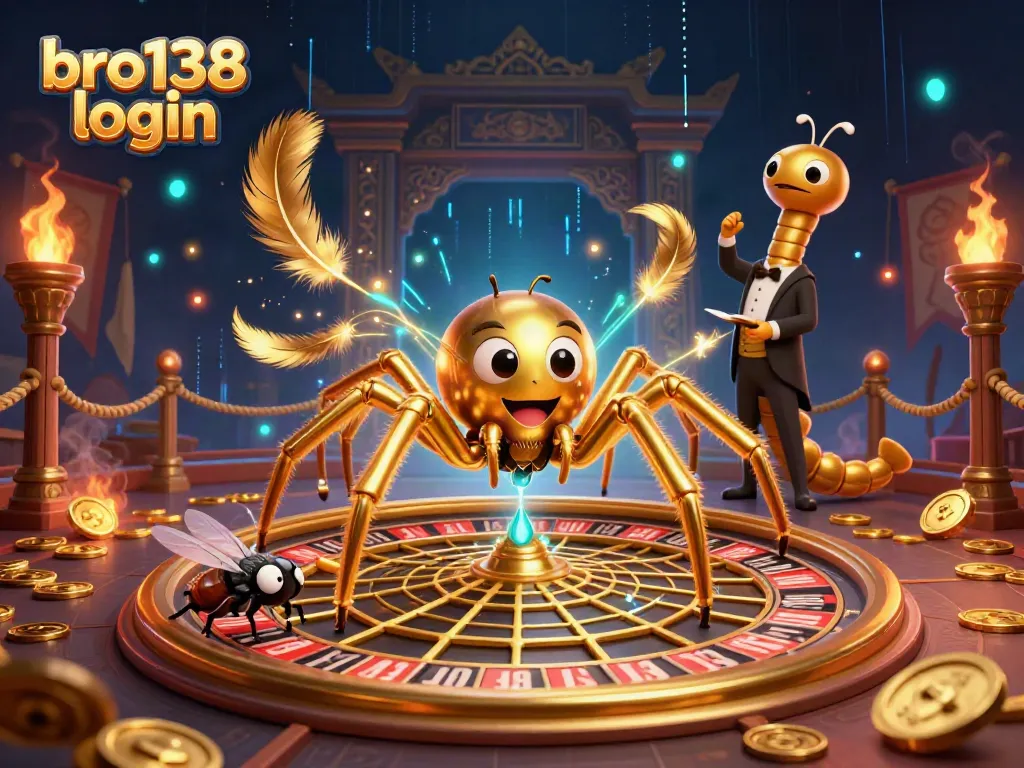 Experience the thrills of online gaming with bro138 login as a golden spider spins a roulette wheel web.