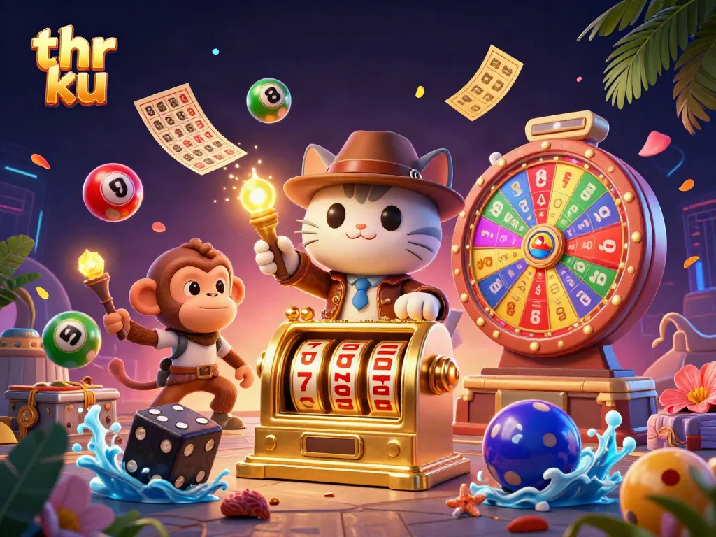 thr ku slot machine adventure with vibrant casino elements and playful characters