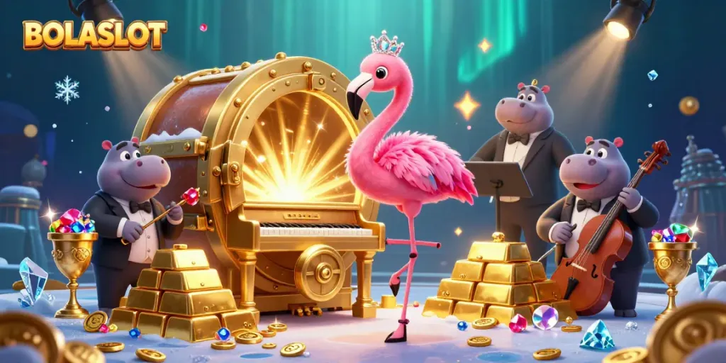 Experience the excitement of BOLASLOT with vibrant characters and treasure-filled casino ambiance.