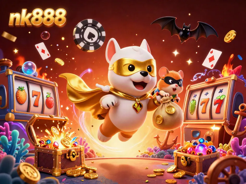 Win big at nk888 with a vibrant 3D cartoon scene of a heroic dog and sidekick amidst casino elements.