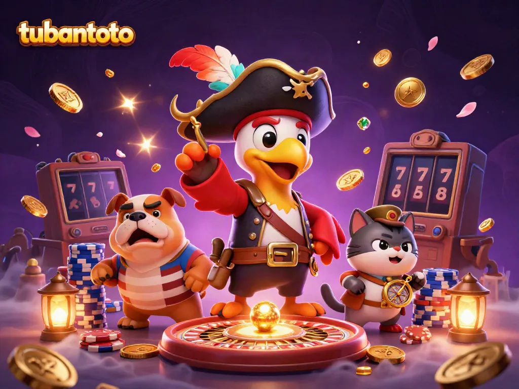 Experience thrilling action at tubantoto with a festive 3D illustration of casino games and characters.