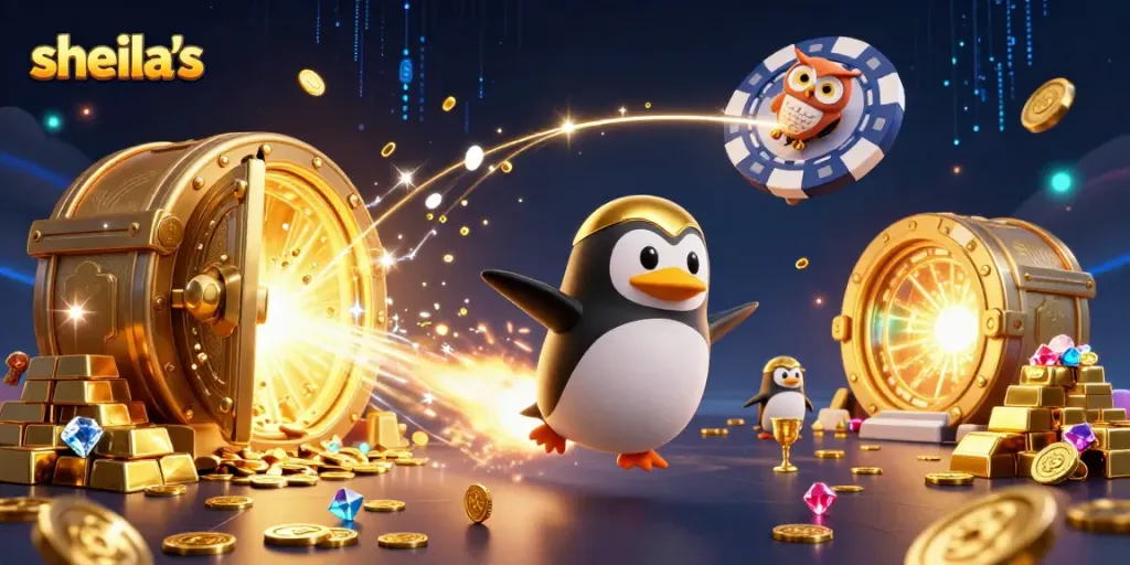 Spin through the galaxy with sheila's golden penguin and winning treasures!