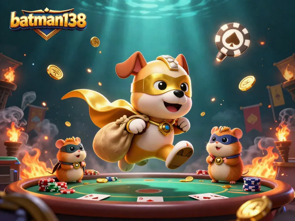 Experience the thrill of batman138 gaming with our superhero dog and vibrant casino elements.