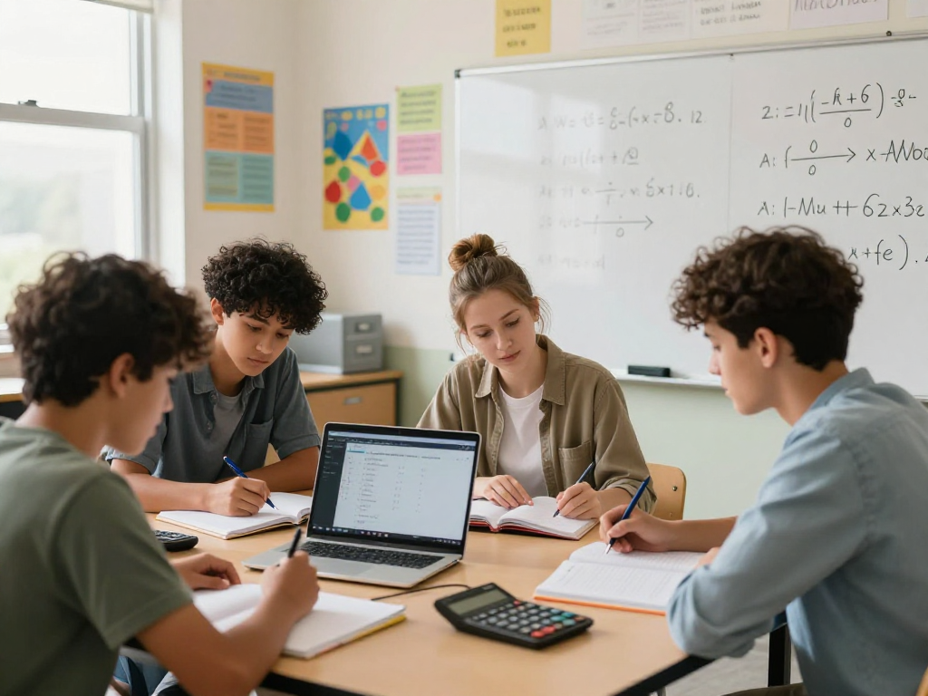 Maths tutors guiding students in interactive learning setting with notebooks and calculators