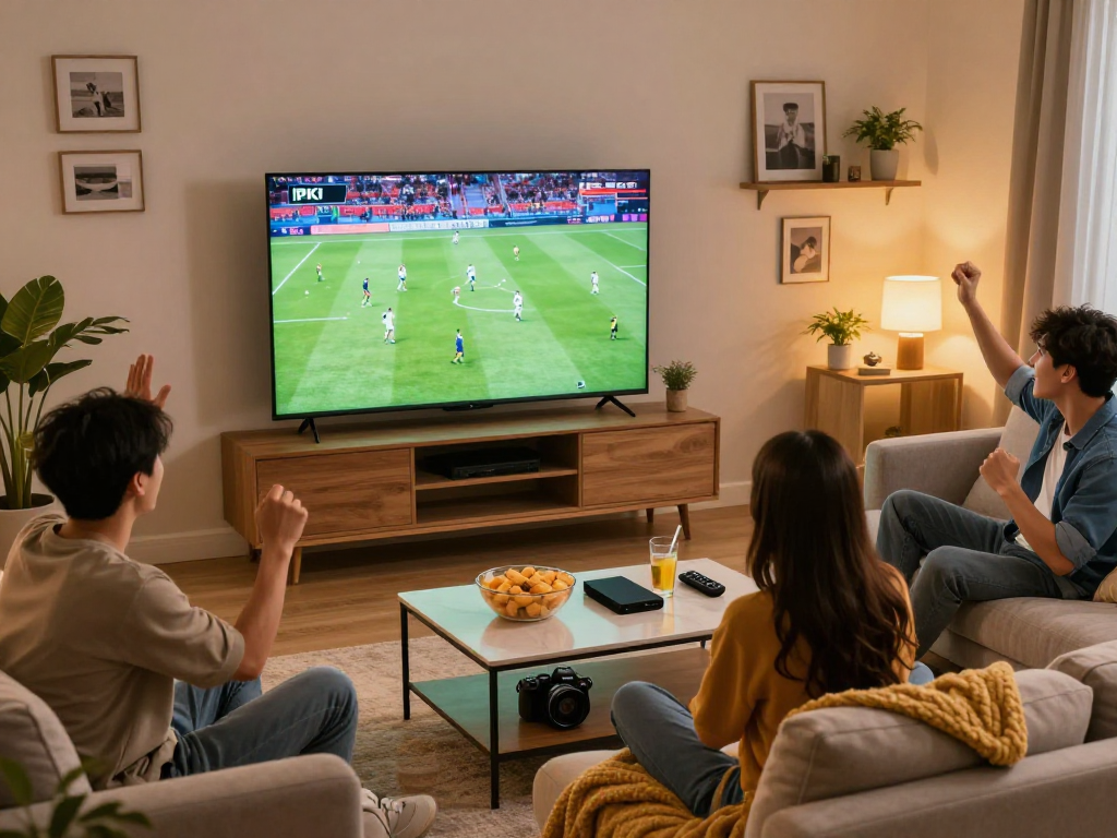 Een gezellige woonkamer met vrienden die genieten van hun iptv met abonnement, kijkend naar een live sportevenement in 4K.