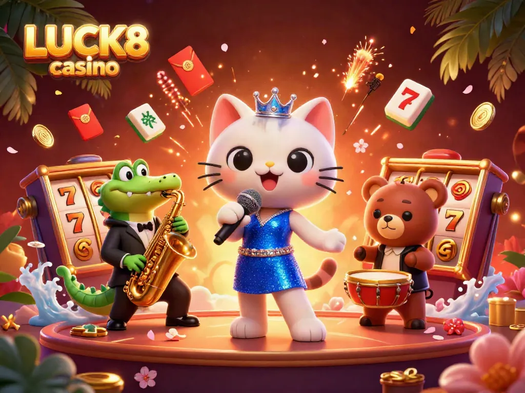 Experience the excitement of LUCK8 casino with a vibrant 3D illustration featuring a jazz-singing cat and dynamic game elements.