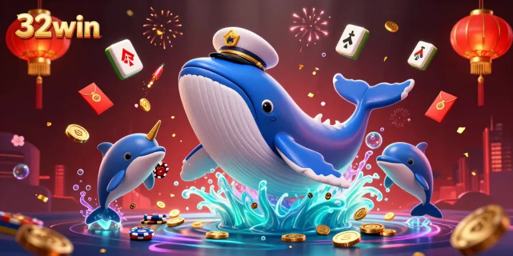 32win showcases an engaging underwater scene with a whale and playful dolphins celebrating, filled with casino-themed elements.