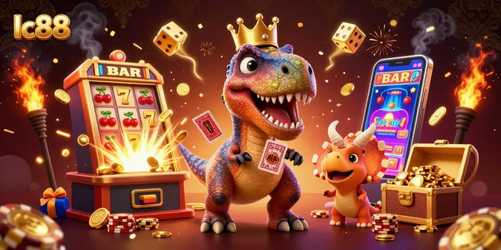 Play exciting games with lc88, featuring a T-Rex shuffling cards, surrounded by jackpot elements.