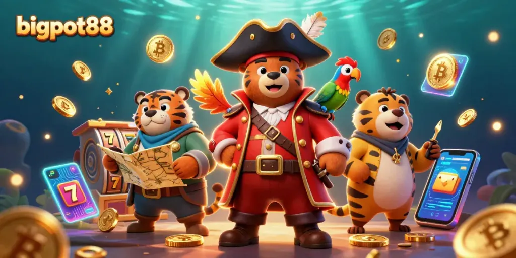 Permainan slot mengasyikkan di bigpot88 dengan karakter kartun yang berinteraksi di arena kasino.