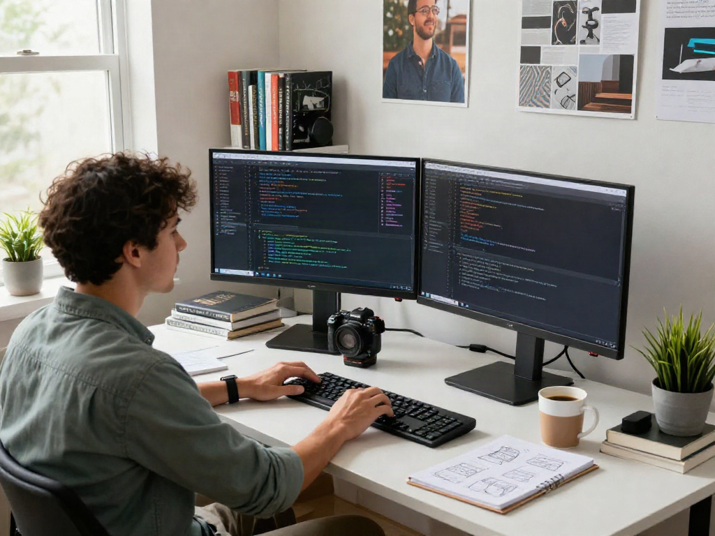 Gambar workspace pengembang perangkat lunak dengan kode di layar dan elemen teknologi, menggambarkan proses 快连下载 di lingkungan kerja modern.