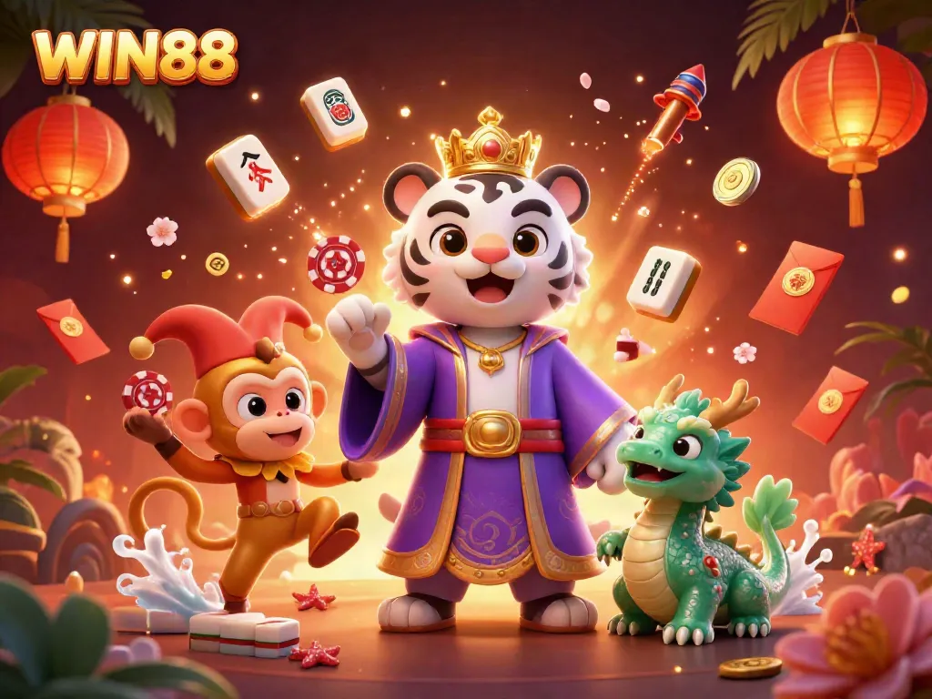 Experience excitement at WIN88 with a vibrant casino scene featuring a royal tiger and festive elements.