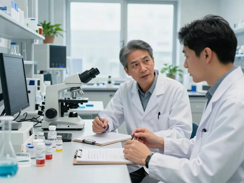Buy GHRP-2 in a bright, modern lab with researchers discussing peptide vials.