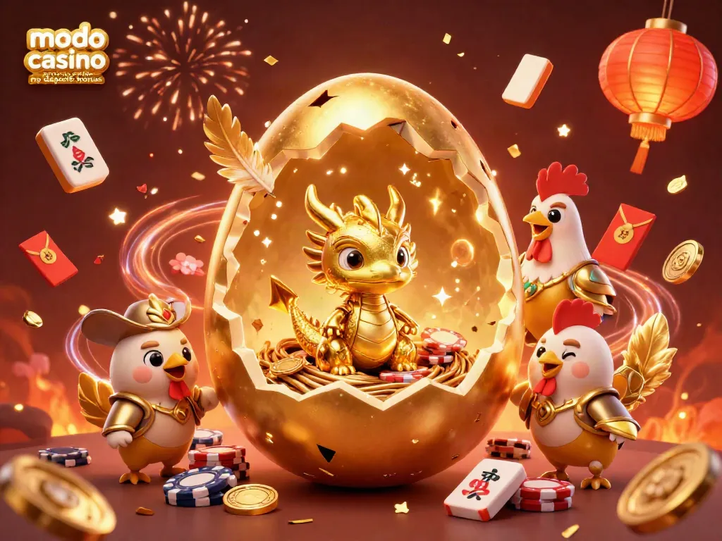 Claim your modo casino promo code no deposit bonus with vibrant casino-themed visuals, featuring a baby dragon and festive decorations.