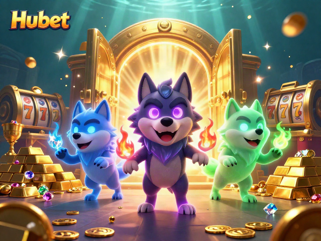 Hubet casino scene showcasing a glowing wolf leader with treasures and slot elements, ideal for gamblers.