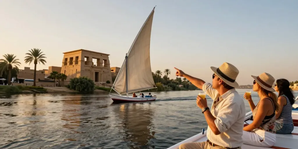 Luxor and Aswan Nile cruise with travelers enjoying stunning sunset views.