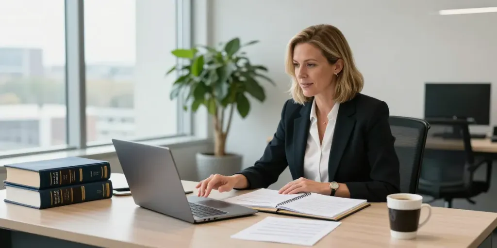 Karen McCleave lawyer consulting with a client in her modern office, showcasing professionalism and dedication.
