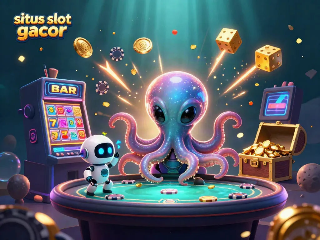 Experience fun at situs slot gacor with an alien octopus playing poker among dynamic casino elements.