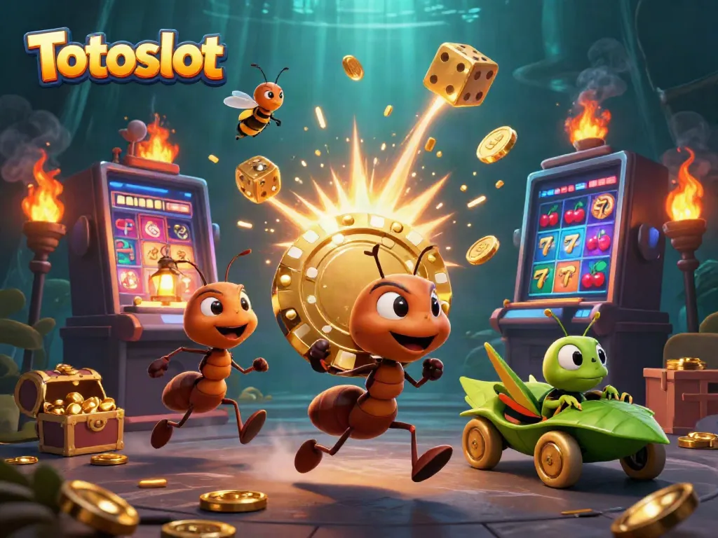 Ant semut yang membawa chip poker Totoslot dalam ilustrasi 3D yang mendetail dan penuh warna.