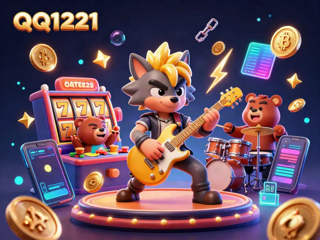 Engage with QQ1221's vibrant casino action featuring a rock star wolf and drummer bear.