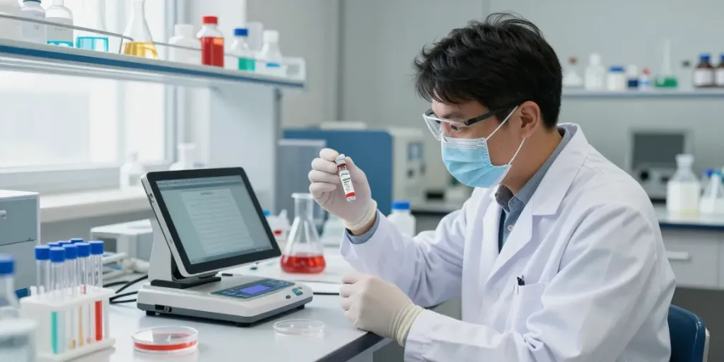 Research scientist analyzing Tesamorelin vial, ensuring quality as the best source for where to buy tesofensine.