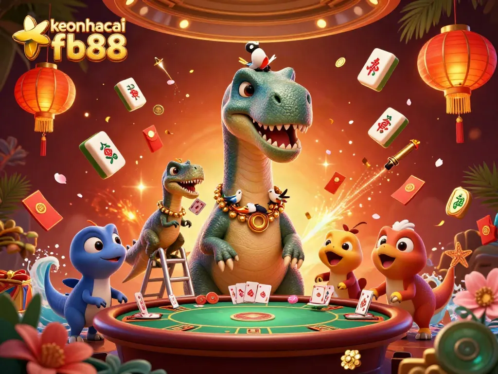 Experience thrilling games at keonhacai fb88 with a dynamic casino scene featuring animated characters and festive elements.
